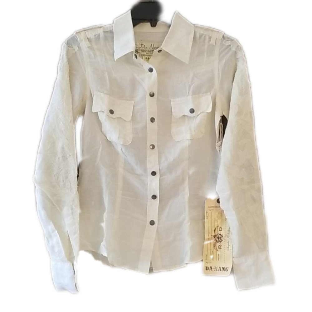 Da-Nang Surplus Button Down Embroidered Long Sleeve Cream Blouse X-Small